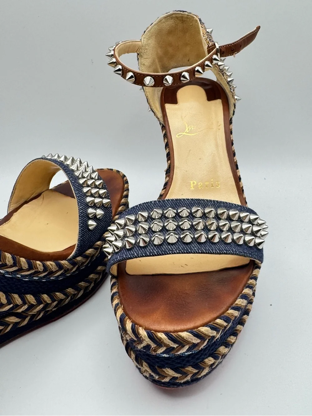 Christian Louboutin Madmonica 120 Denim Studded Wedge Sandals EU 36